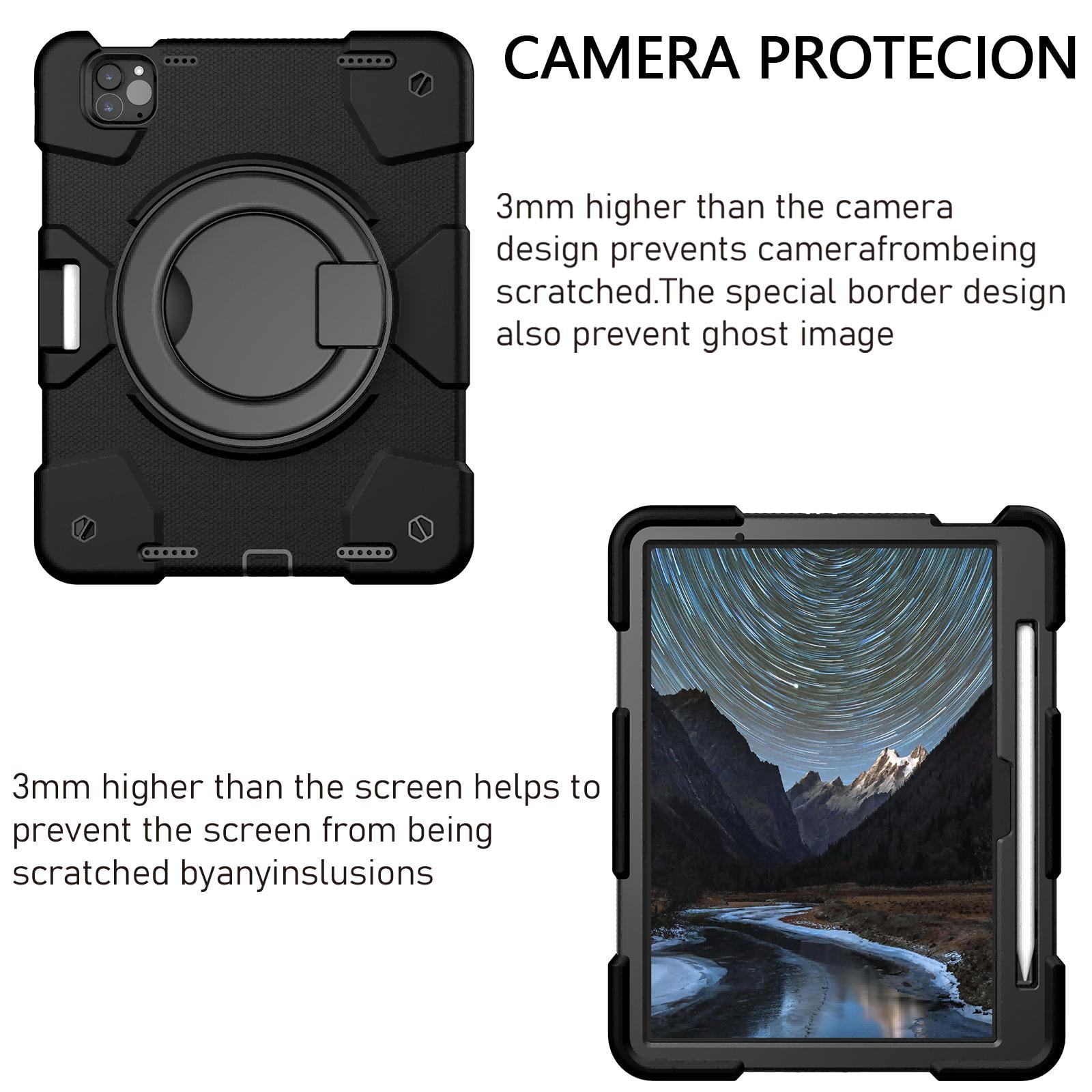 ELEHOLD Military Grade Shockproof Case For Apple iPad Air 11 (2024), Heavy Duty Protection Ring Stand Cover, Adjustable Angel, Detachable Shoulder Strap, Pencil Holder, Blacck