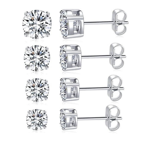 Titanium Stud Earrings Set Hypoallergenic Cubic Zirconia Round CZ Surgical Stainless Steel 4 Prong Stud Earring for Women and Men 3-6mm Pack of 4