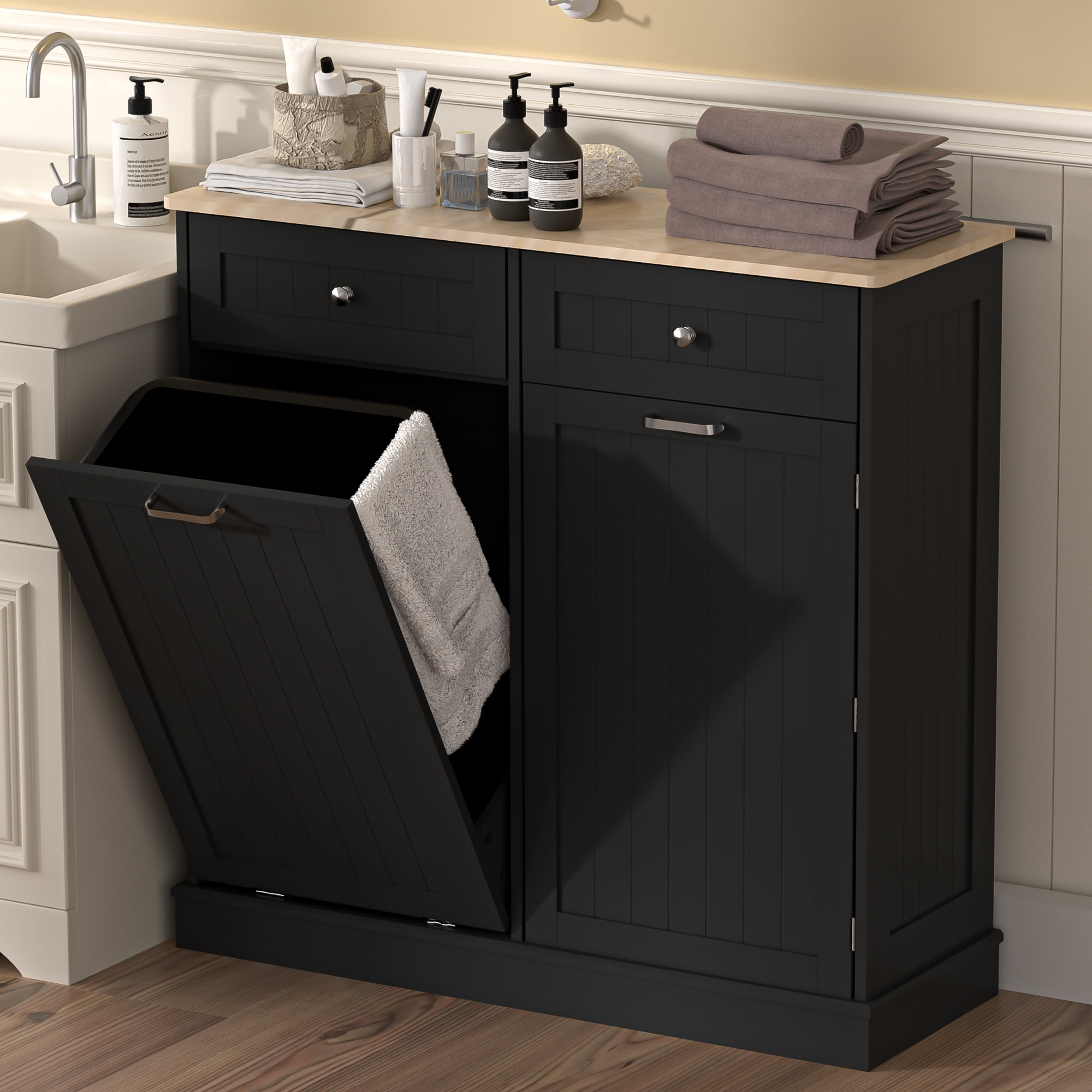 HARIPUL Single Tilt Out Trash Cabinet 13 Gallon Waste Bins Hidden Trash Bin w/ Shelf for Kitchen, Black