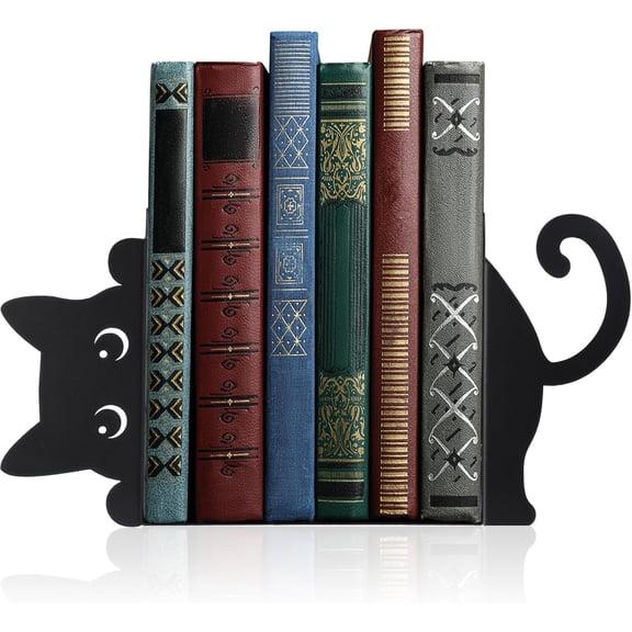 Split Hollow Peeping Black Cat Metal Bookends Set of 2 Sets, Thick Load-Bearing Matte Book Ends for Shelves, Adjustable Spacing Decorative Bookend Gift for Readers & Cat Lovers