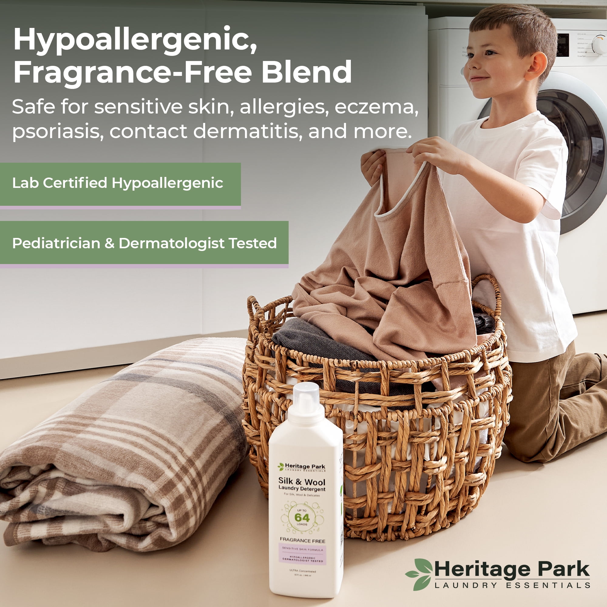Heritage Park Silk & Wool Fragrance Free, Hypoallergenic, pH-Neutral Laundry Detergent - Dermatologist-tested, Sensitive Skin-Friendly, Enzyme-Free, Concentrated Up to 64 loads (32 fl oz)