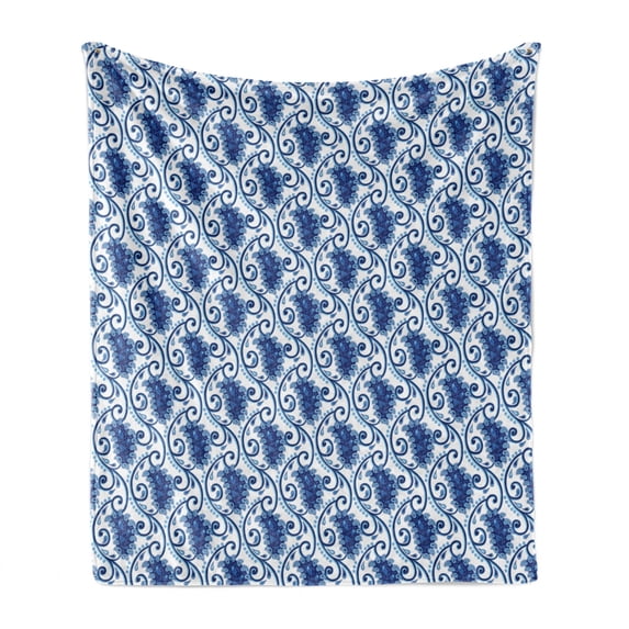 Paisley Soft Flannel Fleece Blanket, Vintage Eastren Inspired Design with Flowers Ivy Leaves and Dots Nature Artwork, Cozy Plush for Indoor and Outdoor Use, 70" x 90", Blue and White, by Ambesonne