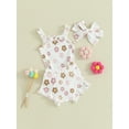 thumbnail image 3 of FEORJGP Infant Baby Girls Shorts Set 3M 6M 12M 18M Newborn Sleeveless Romper Square Neck Ruched Jumpsuit Flower Print Bodysuit with Shorts and Hairband Cute Casual Summer Outfit, 3 of 9