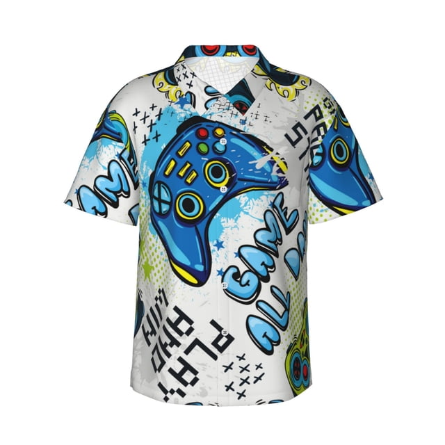 Fotbe Game All Day Camisa Hawaiana para Hombre Unisex – Camisa Casual de Verano con Botones de Manga Corta de Algodón y Lino,Large
