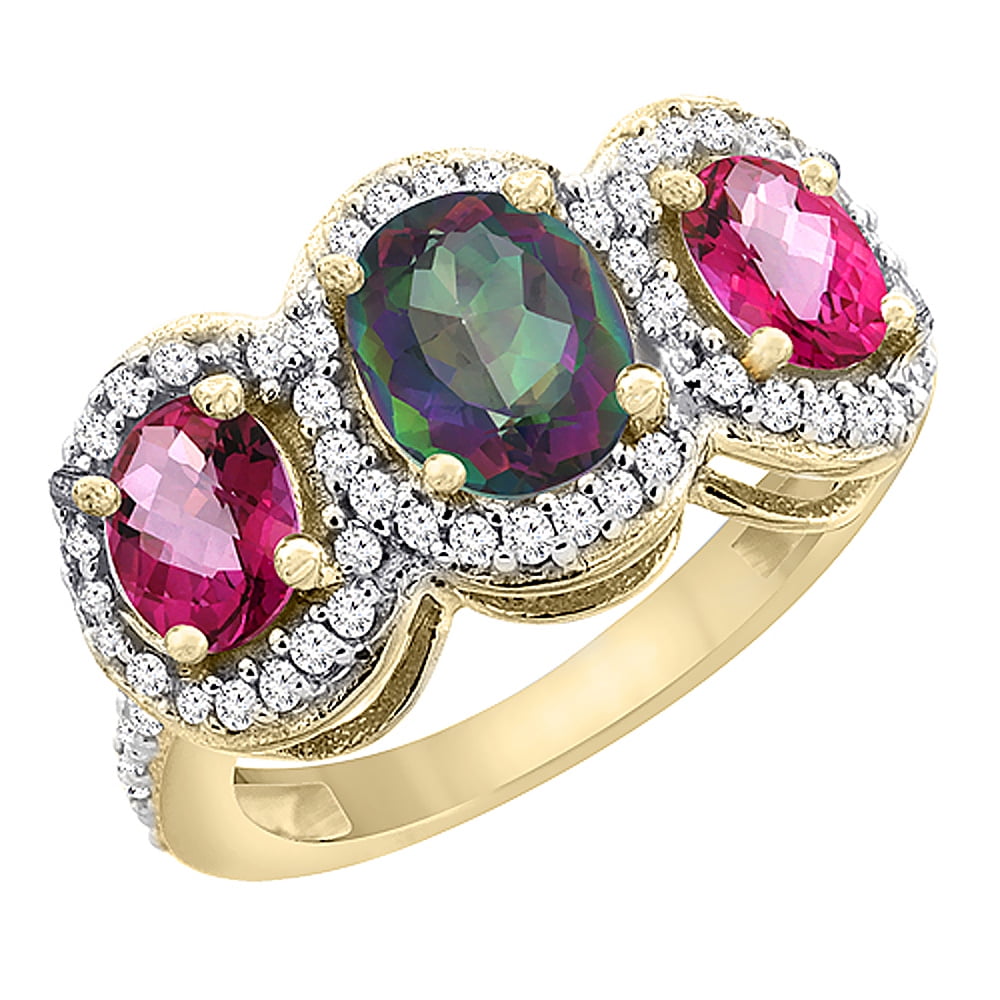 14K Yellow Gold Natural Mystic Topaz & Pink Topaz 3-Stone Ring Oval Diamond Accent, size 5.5 by Gabriella Gold