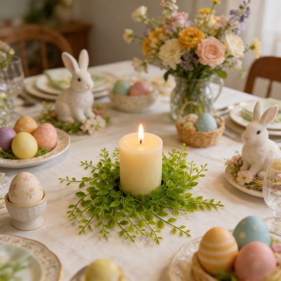 PpgejGEK Easter Eucalyptus Wreath Plastic Decorative Candle Ring 7.87 Inch Artificial Green Leaf Tabletop Base for Aromatherapy Candle Holders Spring Decor