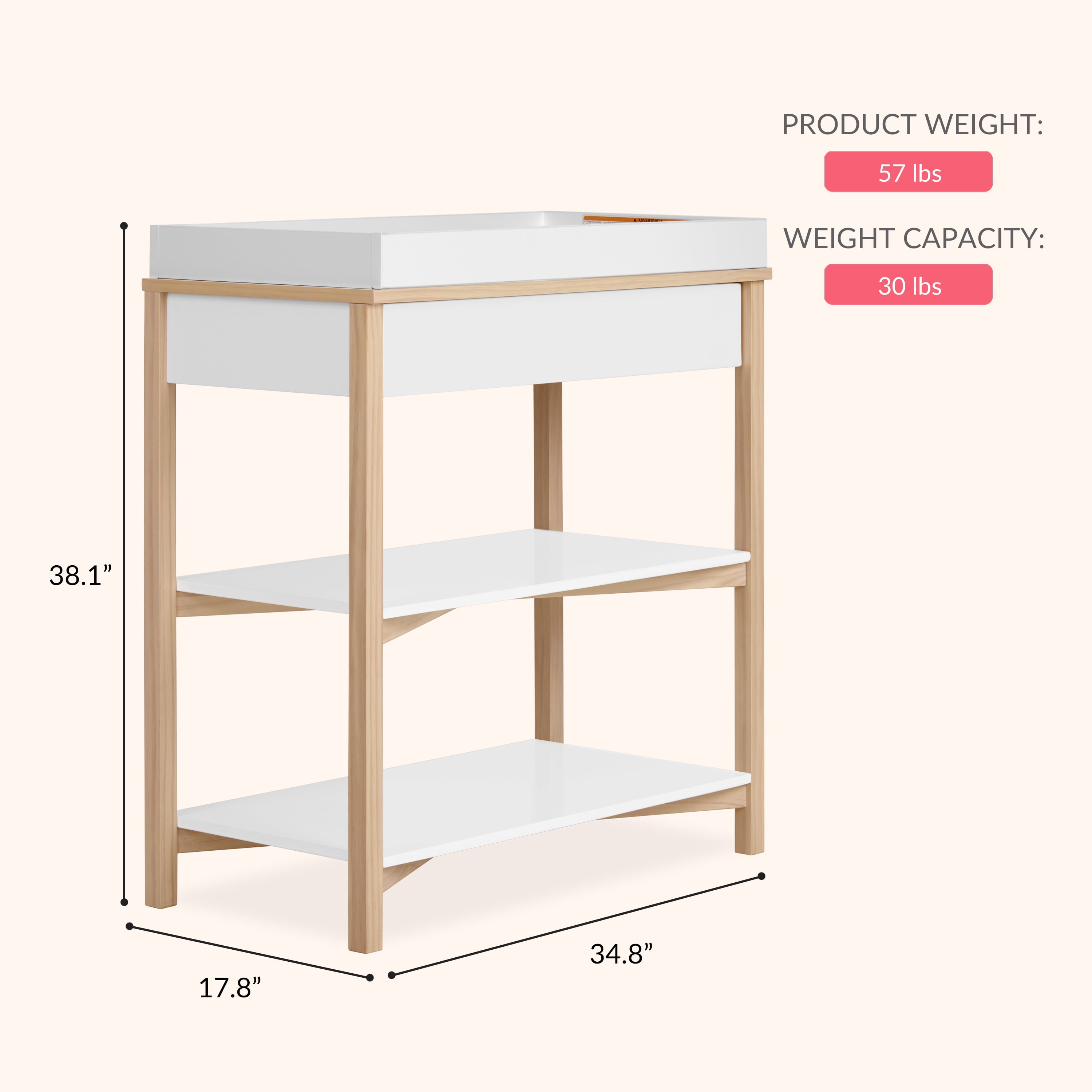 Dream On Me Owen Changing Table in Vintage White Oak, JPMA Certified, with two bottom shelves for storage