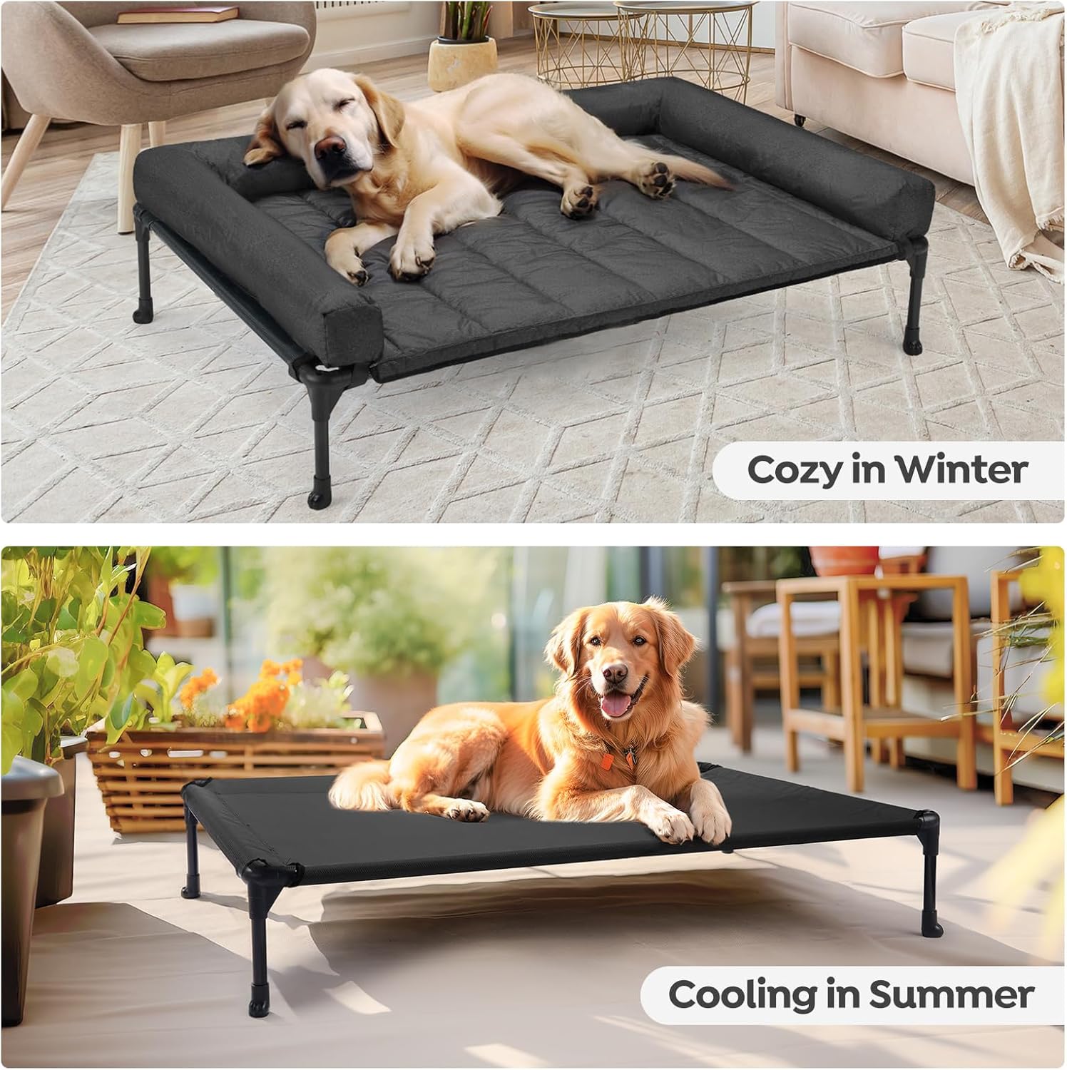 Elevated Dog Bed Add Removable Waterproof Bolster Cushion Mat, Raised Pet Cot with Breathable Teslin Mesh, No-Slip Feet, Dog Sofa Bed for Indoor Outdoor, Medium, Black CWC2331B
