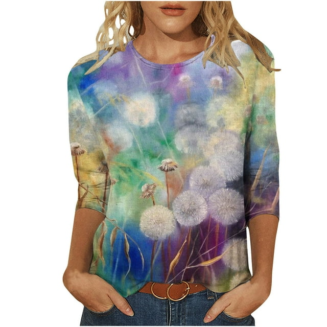 Pompotops T-shirt Ample Imprimé pour Femme Blouse à Manches 3/4 Col Rond Hauts Décontractés Liquidation
