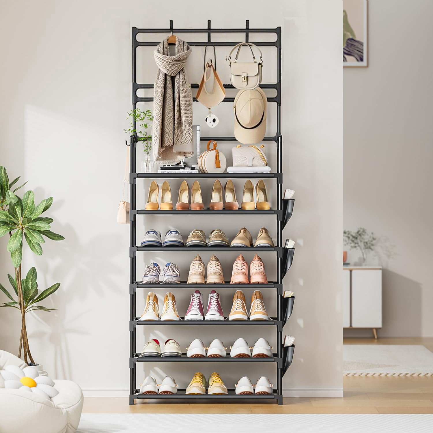Shoe Rack 7 Tier Organizer Storage 21-28 Pairs Closet Shoes For Front Door Entrance With Hooks Side Pocket Entryway Large Capacity Shelf Tower Garage
