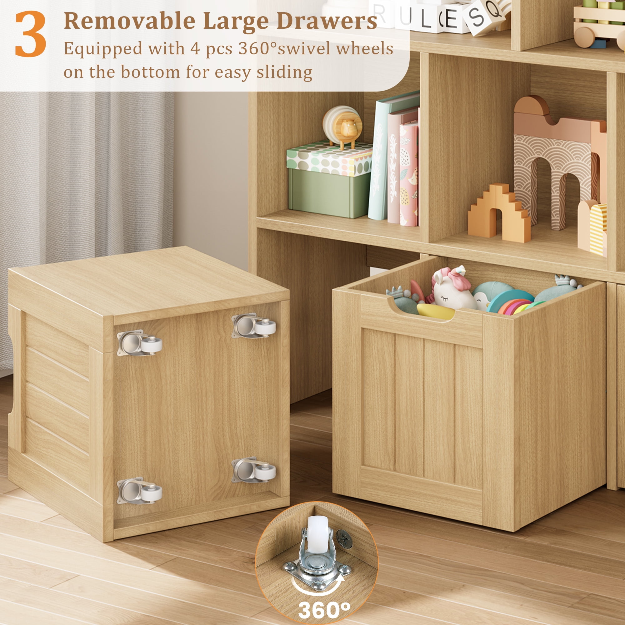 Homfa Toy Storage Organizer with 3 Movable Drawers, 5 Cube Kids Bookcase for Playroom, Storage Cabinet for Living Room, Natural Finish