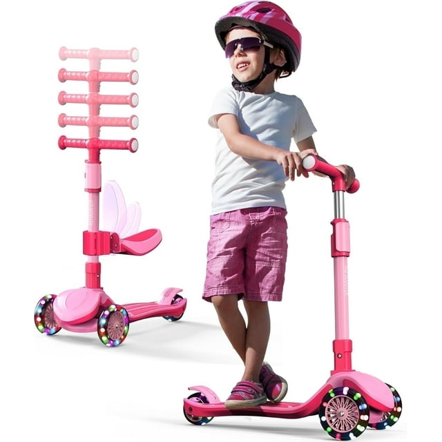 Kidscoter Trottinette à Pousser 2-en-1 Réglable avec Siège, Roues à DEL, 3 à 12 Ans, Rose