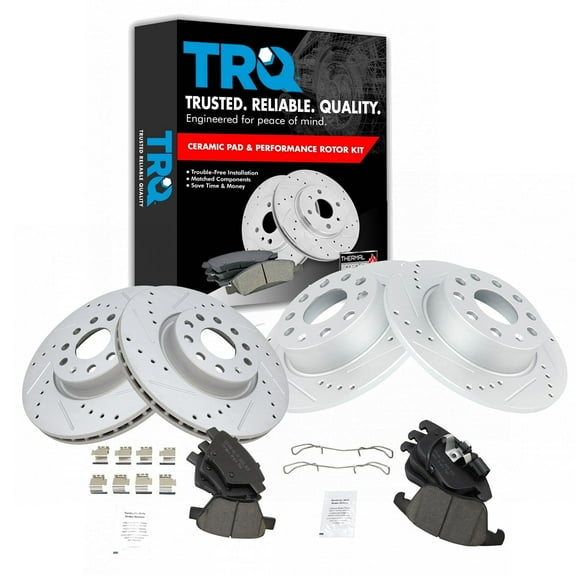 TRQ Front and Rear Performance Brake Pad & Rotor Kit Brake Pads Brake Rotors Set Ceramic Premium G-Coated Fits Select 2012-2015 Volkswagen Passat
