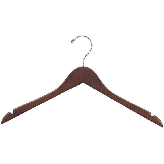 Wood Top Hanger, Box of 100 Space Saving 17 Inch Flat Wooden Hangers w/ Walnut Finish & Chrome Swivel Hook & Notches for Shirt Jacket or Dress by International Hanger