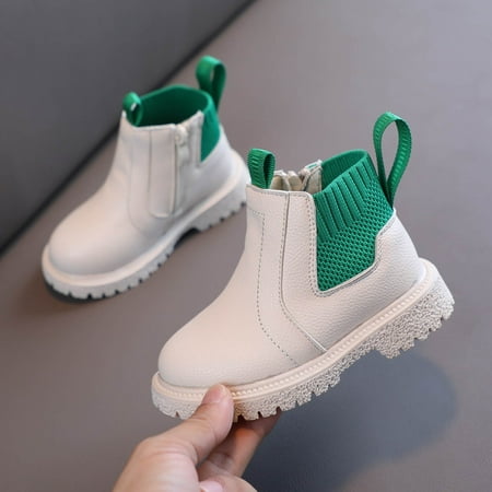 

HAXMNOU Girls Boys Children Ankle Boots Kids Low Heel Booties Fashion Side Zipper Short Flat Shoes White