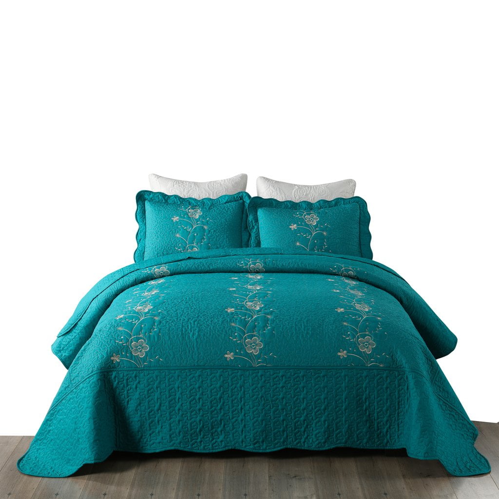 Luxe Bedding 3-piece Oversized Quilted Bedspread Coverlet Set Full/Queen, Turquoise