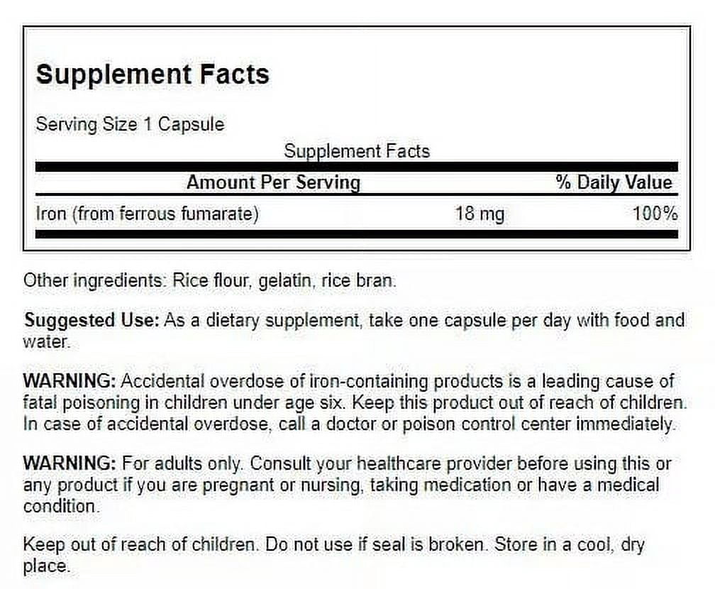 Swanson Iron (Ferrous Fumarate) - Mineral Supplement Promoting Energy Support - High-Concentration Formula Assists in Oxygen Delivery & Fatty Acid Metabolism - (60 Capsules, 18mg Each) 4 Pack