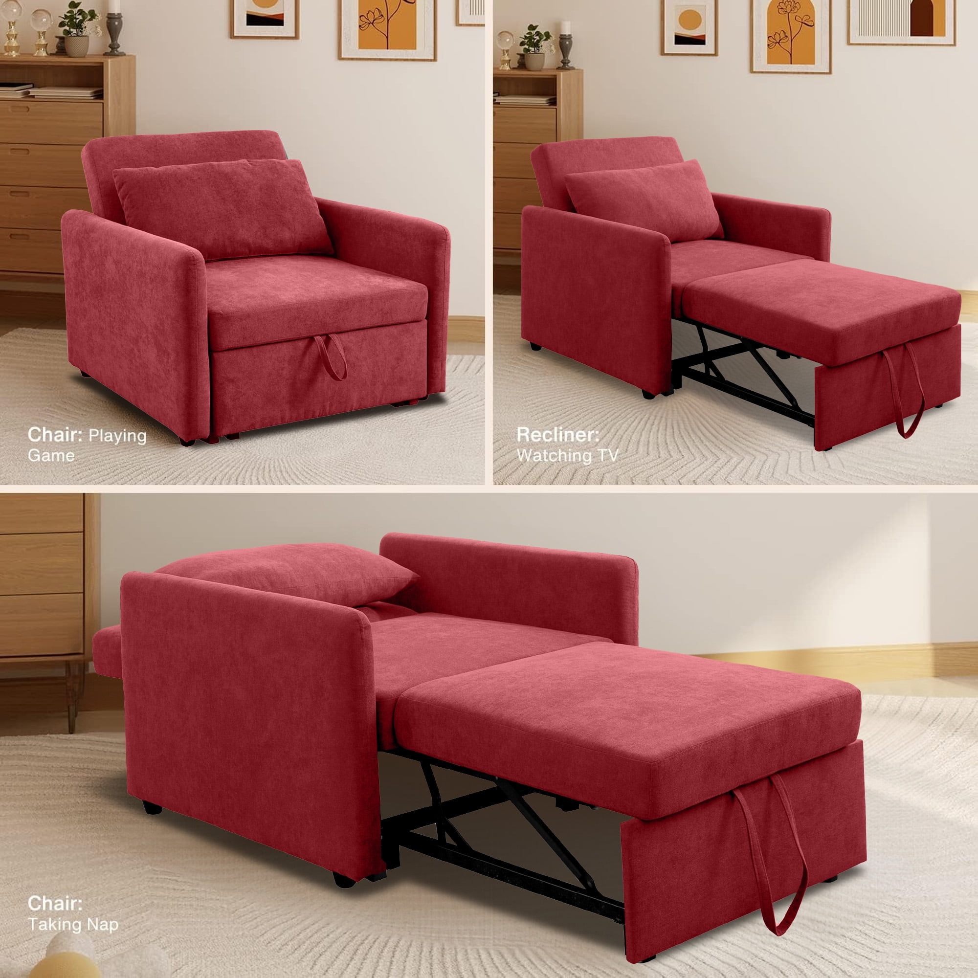 Aukfa 36" Chaise Futon Convertible Sofa Bed, Pull Out Sleeper Chair Bed for Home Office, Lint, Red