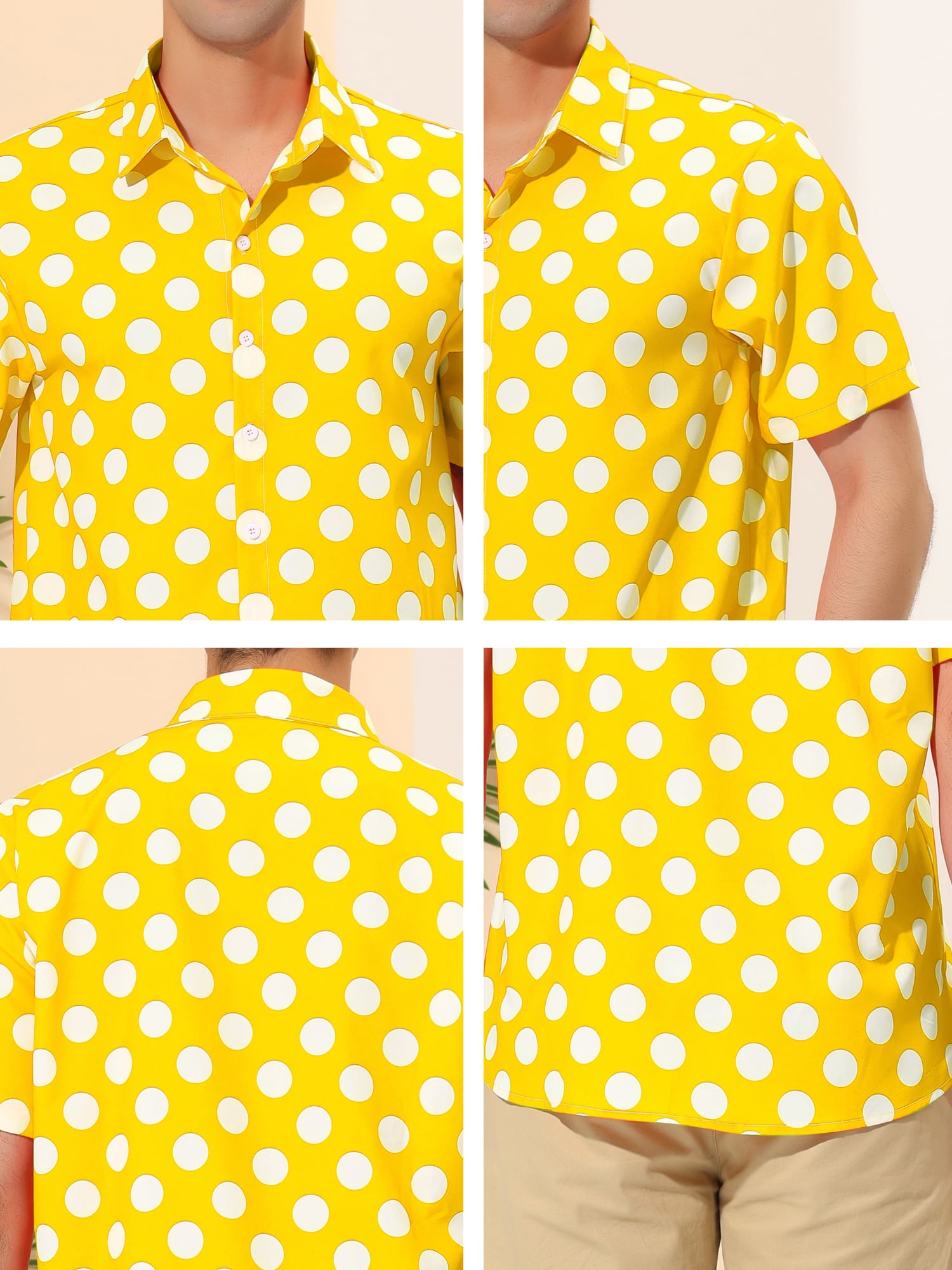 Unique Bargains Men's Summer Polka Dots Shirt Button Down Short Sleeves Shirts XL Yellow