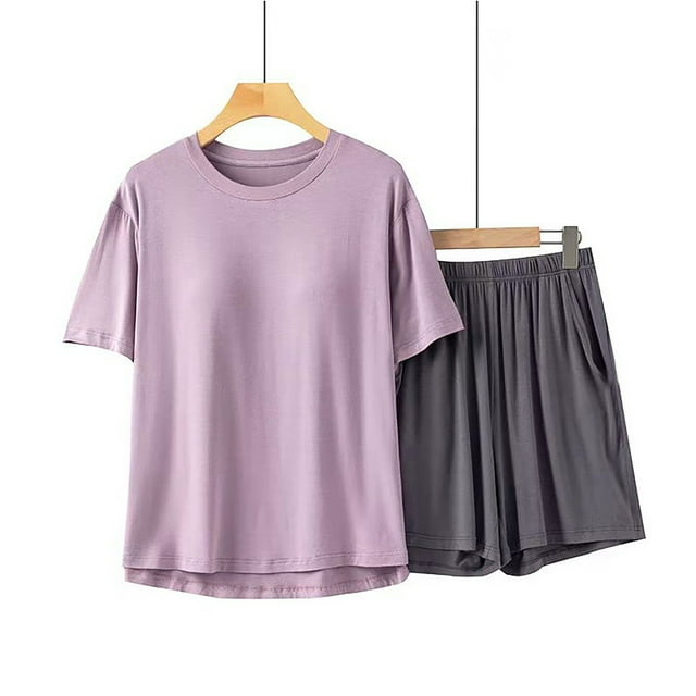 Ensemble de Pyjama Printemps Été pour Femmes Col Rond Manches Courtes Haut et Shorts avec Soutien-Gorge Intégré, Vêtements de Nuit Confortables et Amples par Hontri