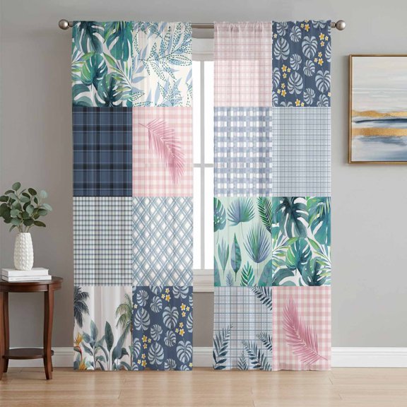 Tropical Plants Plaid Sheer Curtains 63 Inch Length 2 Panels Set, Summer Palm Leaf Checkered Blue Pink Window Treatment Rod Pocket Curtains Sheers Drapes for Bedroom/Living Room/Kitchen 52x"63"x2