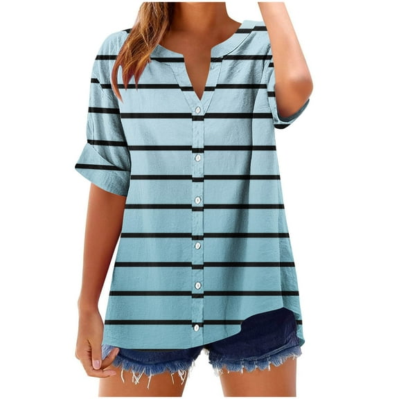Staron Summer T-Shirts for Women V-Neck Short Sleeve Casual Loose Oversized Button Down Ombre Stripe Print Fashion Top, Blue S