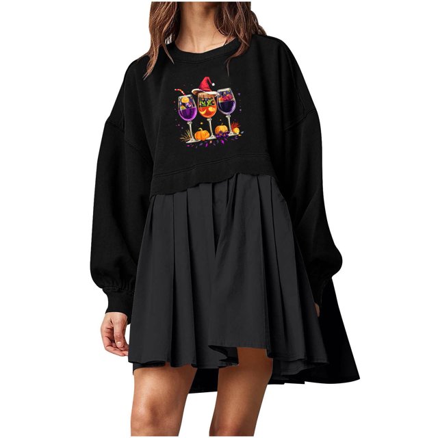 Pisexur Robes de Noël pour Femmes Mode Imprimé Noël Robes de Vacances Décontractées Col Rond Manches Longues Robe Fluide à Étages Mini Robe de Fête
