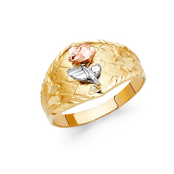 14k Tri Color Italian Gold Flower w/ Leaves in Checkered Pattern Ring 11mm