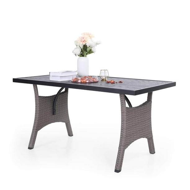 MF Studio Wicker Patio Dining Table with Metal Steel Top and Rattan Leg