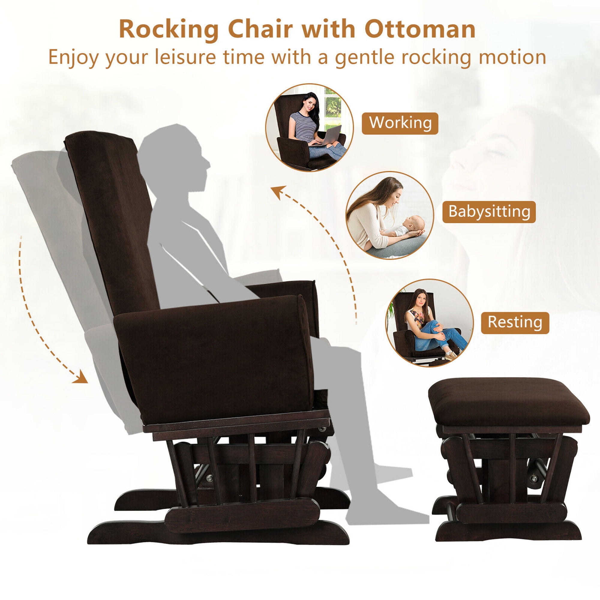 Gymax Glider and Ottoman Cushion Set Wooden Baby Nursery Rocking Chair Brown