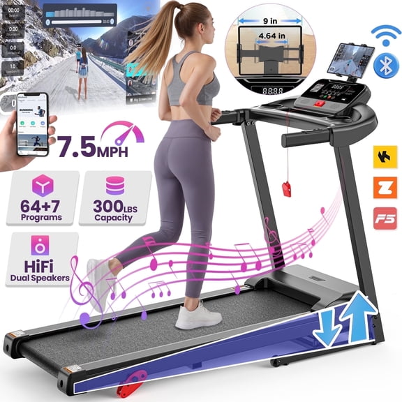3HP 300lb Capacity Treadmill with 64 3 4 Program, 3 Adjustable Incline, Folding Treadmill for Home Running & Jogging, 10MPH Speed, HiFi Bluetooth Speakers