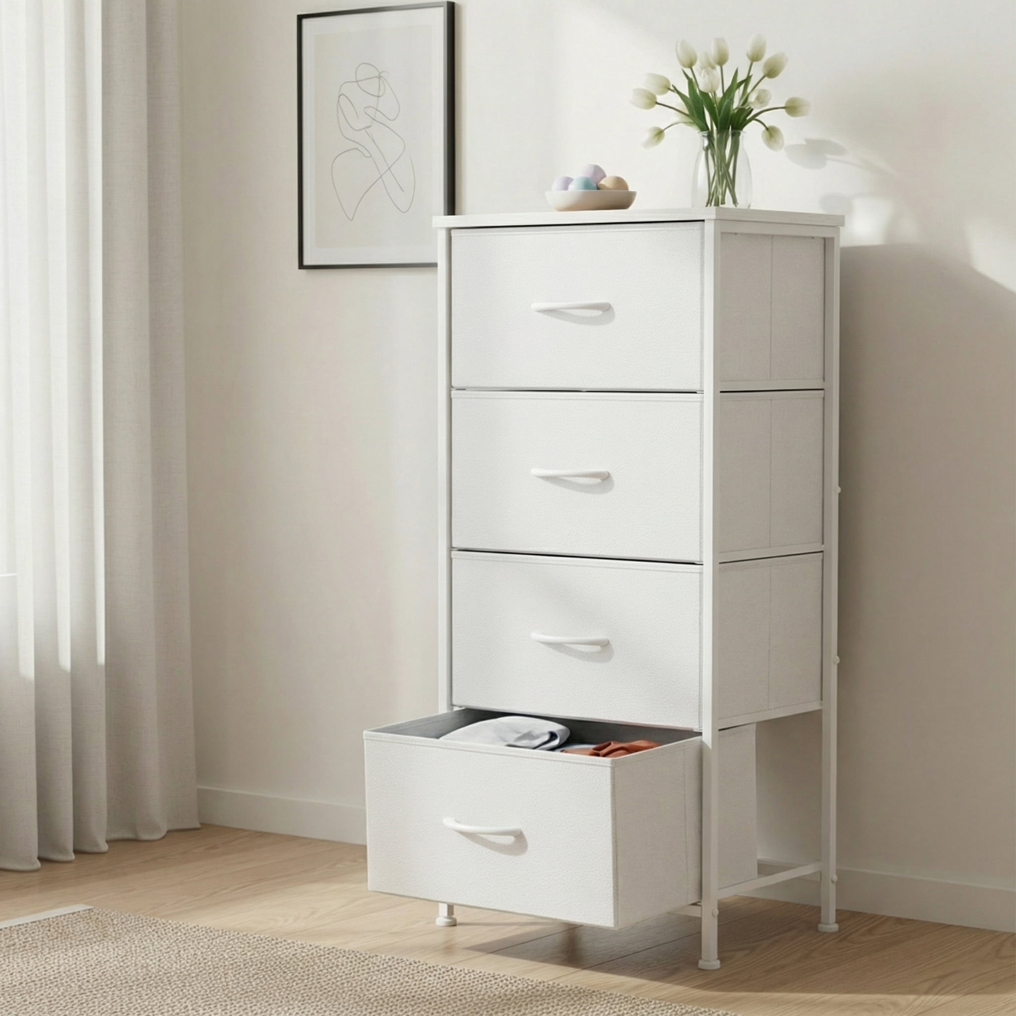 CONCETTA 4 Drawer Dresser, Wide Chest Drawers Nightstand Storage Tower Storage Fabric Dresser With Wood Top for Living Room, Bedroom, Closet, White