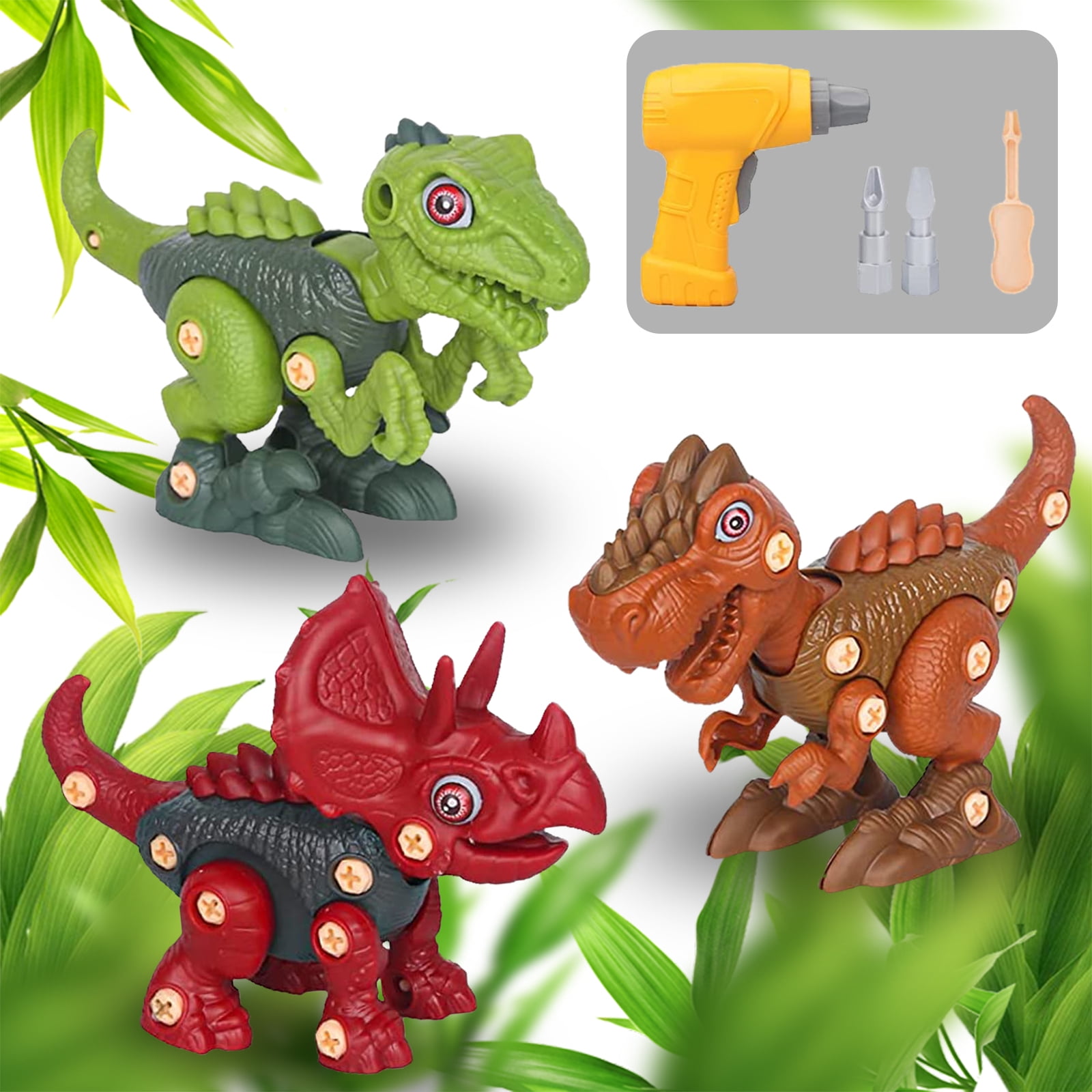 3 Pack Dinosaur Toys (Tyrannosaurus Rex, Triceratops, and Velociraptor),  Take Apart Toys with Electric Drill, Stem Educational Construction Building  Toys Xmas Birthday Gift for Kids Age 3-7 
