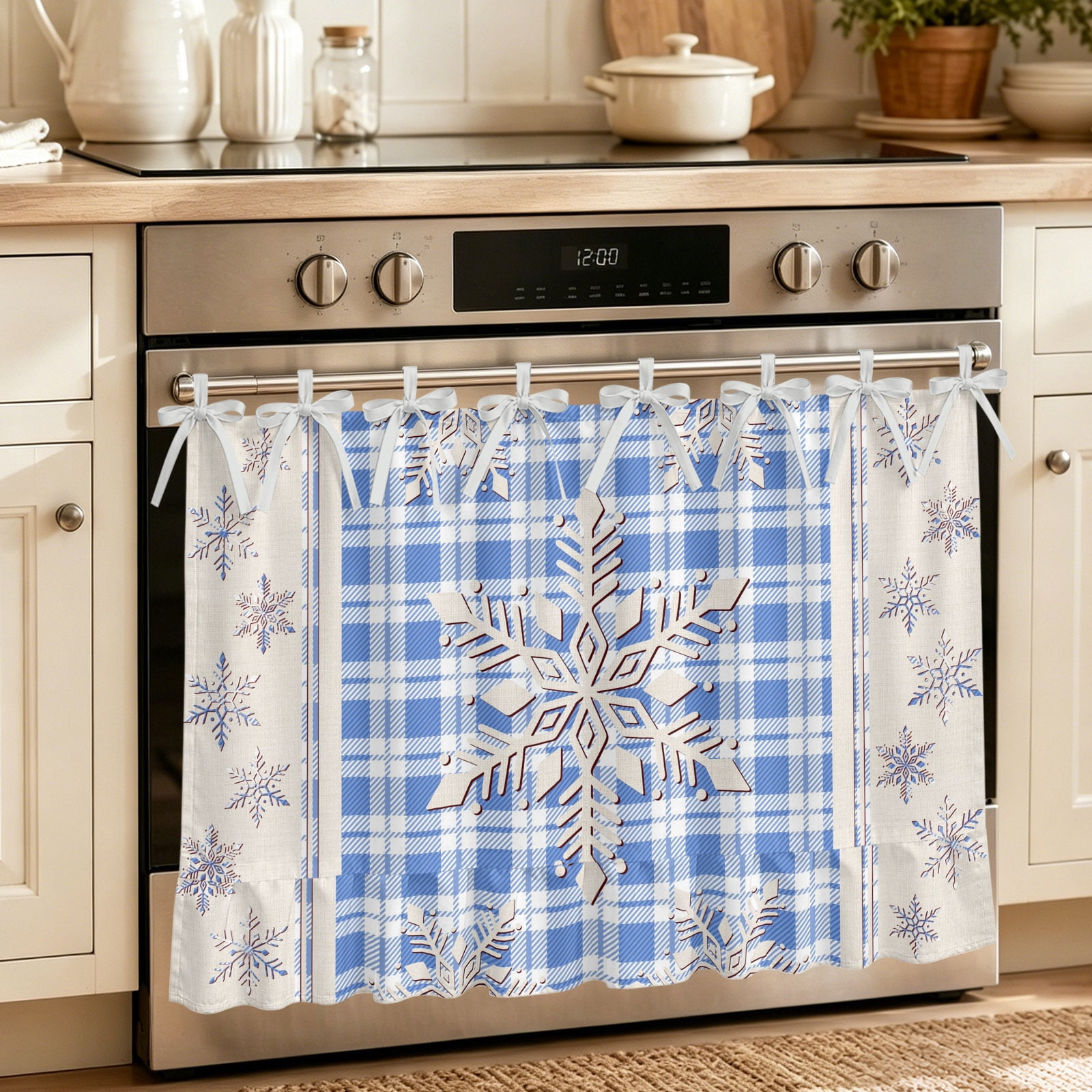 Oven Curtain for Kitchen Winter Snowflake Blue Checkered Stove Curtain With Ruffled Trim Dishwasher Curtains Country Christmas Theme Oven Skirt 30 x21.5