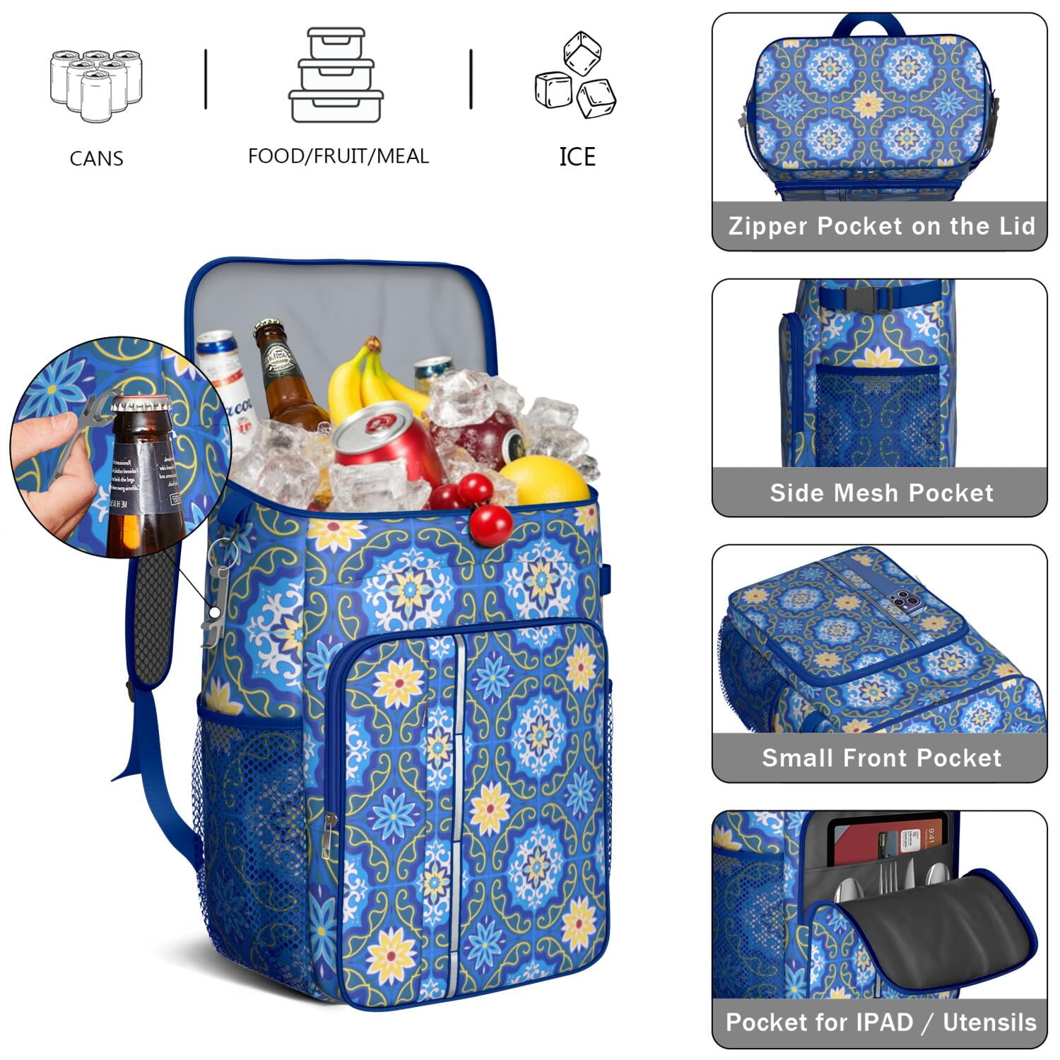 Insulated Lunch Box Cooler Backpack Bohemian Tribal Lunch Backpack Leak Proof Travel Camping Lunch Backpack Outdoor Cutlery Backpack for Anglers Family Travelers