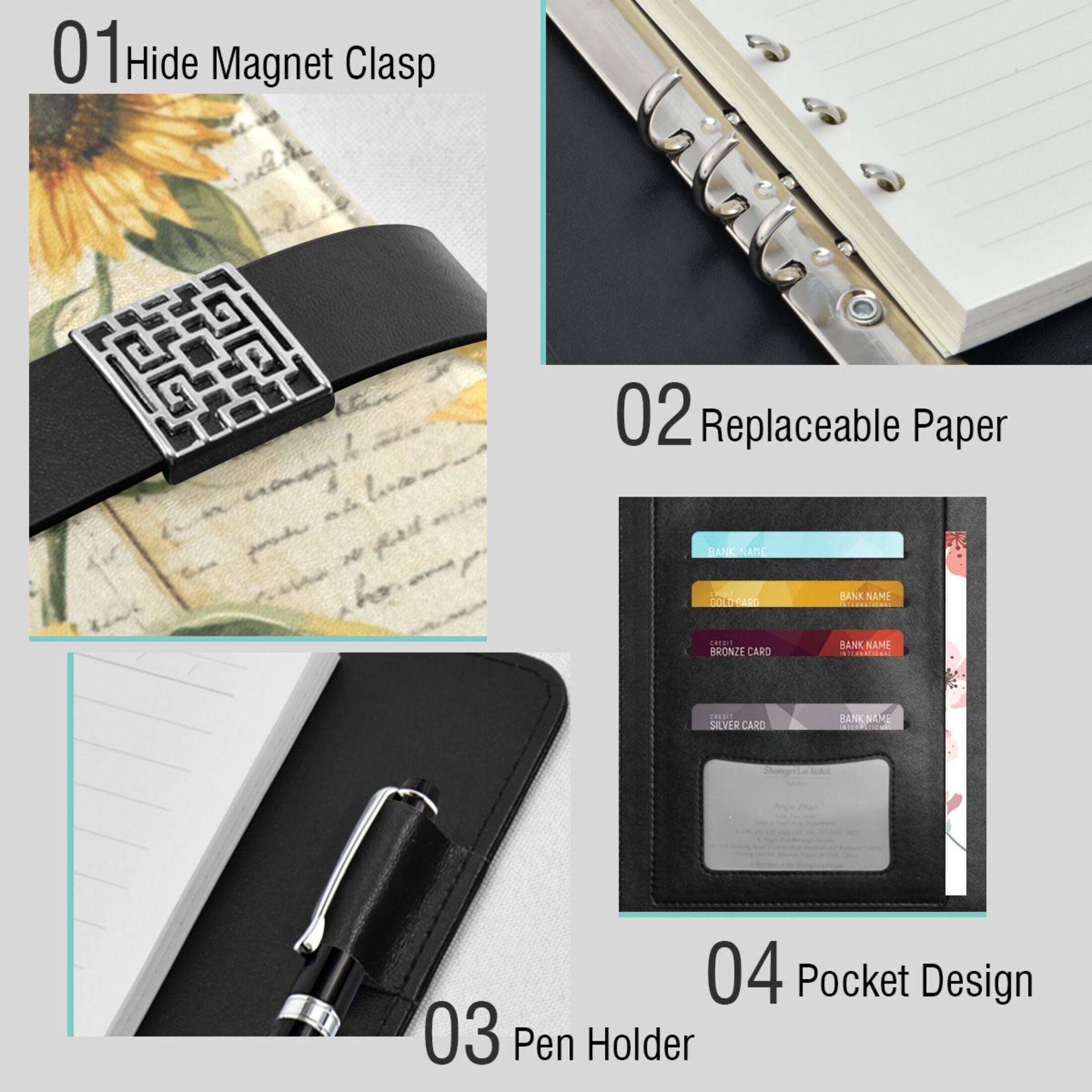 9.2x6.7 inch Leather Notebook 100 Sheets, Multi-Pocket Design & Pen Loop Vintage Sunflowers Refillable Journal Organizer