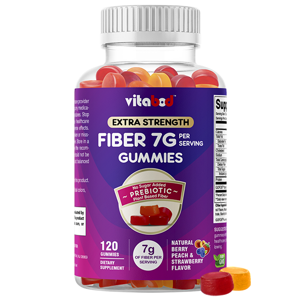 Vitabod Fiber Gummies 7G Per Serving for Digestive Health & Regularity, Prebiotic GOFOS™ Plant-Based Fiber, No Sugar Added, Vegan, Berry Peach Strawberry, 120 Gummies (Adults, Women & Men)