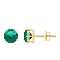 Rosec Jewels Created Emerald Solitaire Stud Screw Back Earrings for Women - 6 mm Round, 10K Yellow Gold
