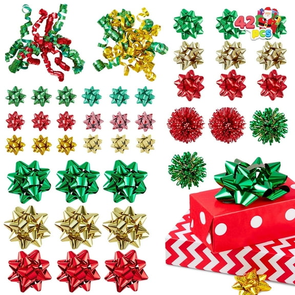 Joyfy 42 Pcs Christmas Pull Bows with Ribbon Assorted Size Self Adhesive Gift Wrapping Accessory for Presents, Bows, Baskets, Wine Bottles Decoration, Gift Wrapping and Decoration Present