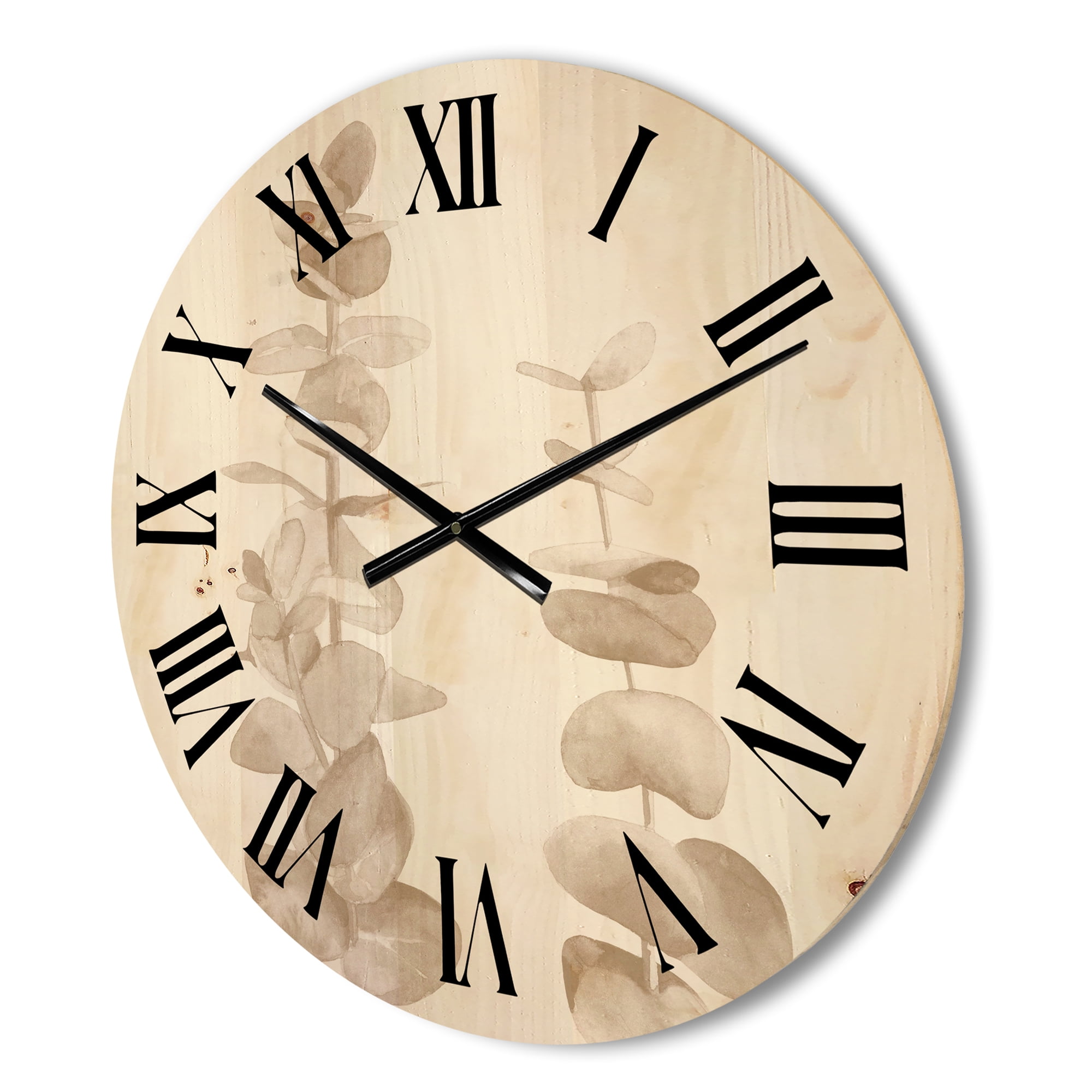 Designart 'Grey Eucalyptus Branches On White' Traditional Wood Wall Clock