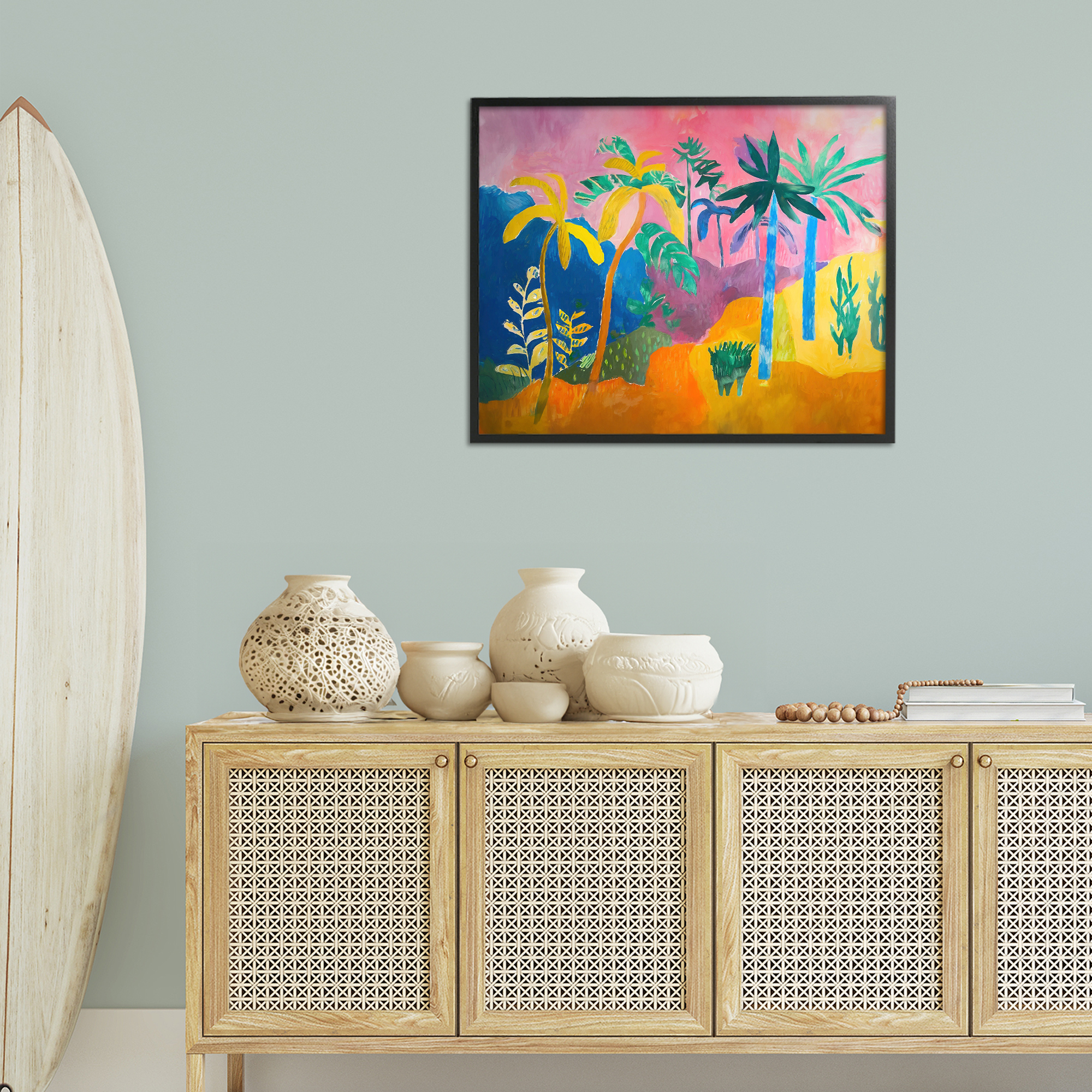 Stupell Industries Vivid Tropical Palms Coastal Painting Black Framed Art Print Wall Art, 30 x 24