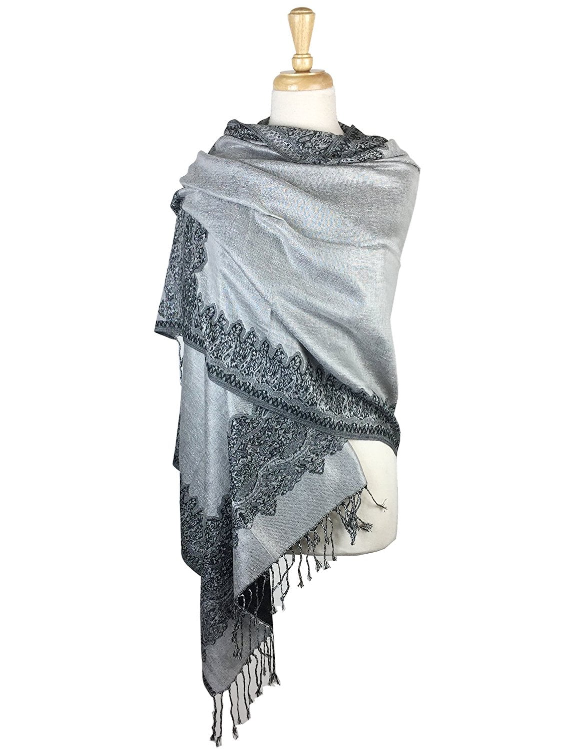 Paskmlna Border Pattern Double Layered Reversible Woven Pashmina Shawl Scarf Wrap Stole