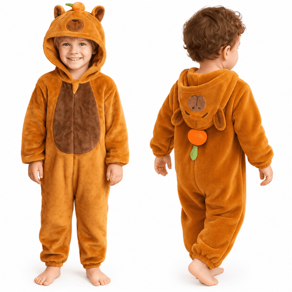 Lalune Kids Capybara Halloween Costume, Plush Hooded Jumpsuit for Toddlers