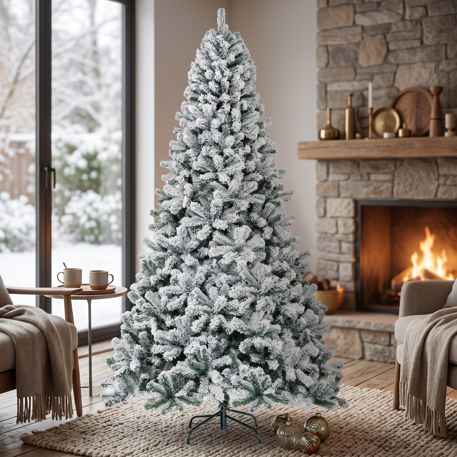 RUIE 9 FT Artificial Christmas Tree, Premium Snow Flocked Hinged Full Xmas Tree with Metal Stand, 1498 Branch Tips PVC Holiday Tree for Home Office Party Indoor, White