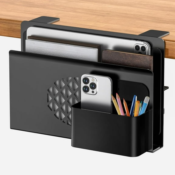 Desk Side Storage Metal Laptop Holder with Magnetic Pen Box Clamp-On Under Desk Organizer with Cooling Holes & Anti-Scratch Pads for Office and Home (Black)