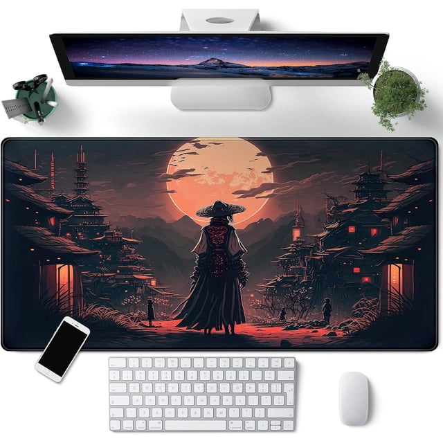 Lofi Cat Desk Mat Dark Green Plant Books Desk Pad Black Cat Aesthetic Anime Big Mouse Pad Large Gaming Mousepad XL Cool Keyboard Pad Deskmat Laptop Computer Mouse Mat 31.5X 15.7in