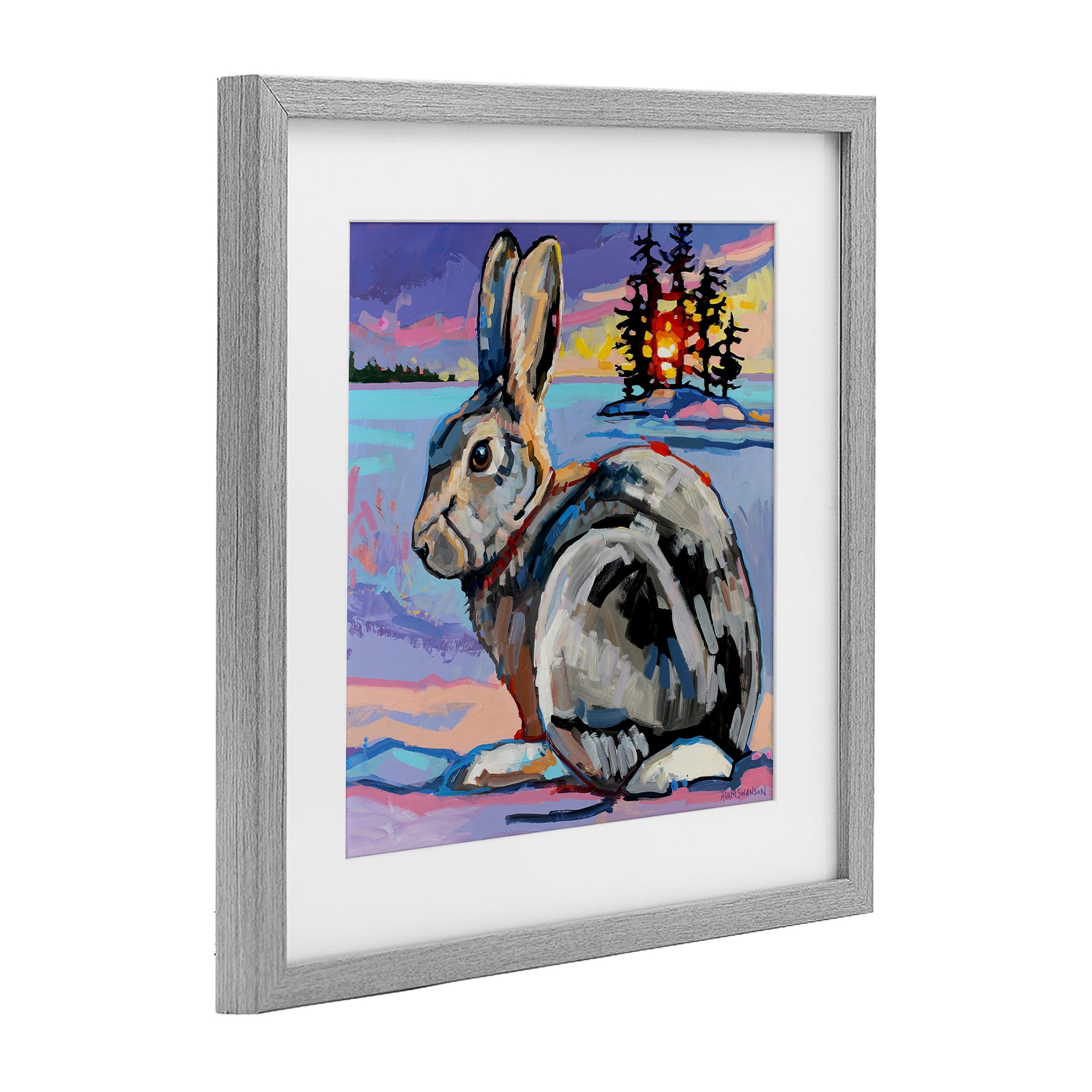 Runaway Goliath Rabbit Gray Framed Print Under Glass, design by Adam Swanson