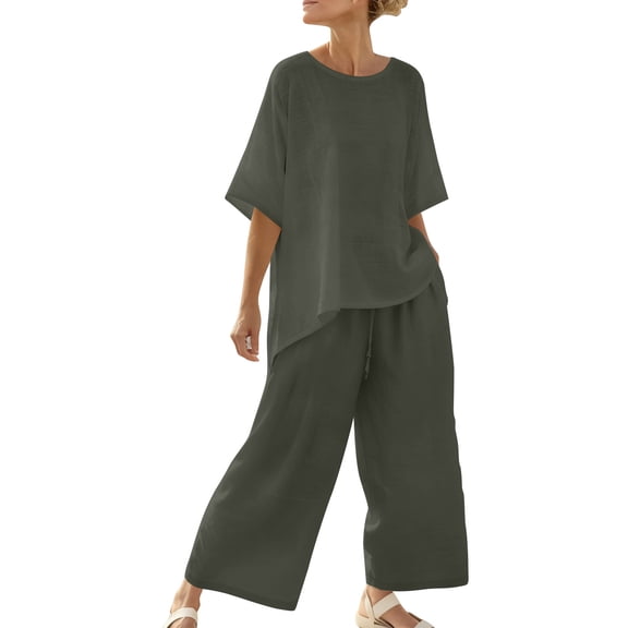 HomeGardon Two Piece Sets for Women Spring and Summer Casual Round Neck Short Sleeved Top Work Pants and Solid Color Suit