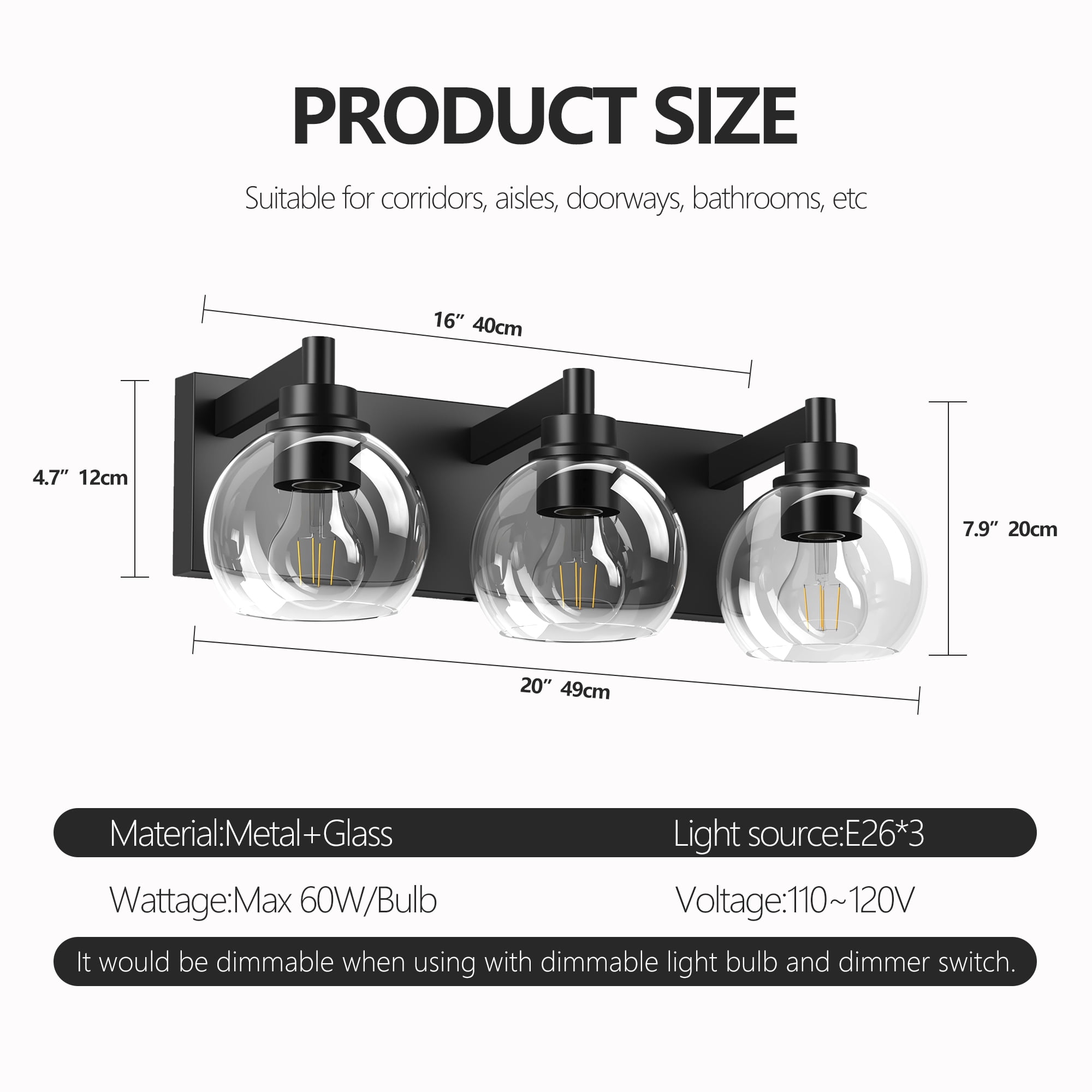 Bathroom Light Fixtures 3 Light Matte Black Vanity Light 20 Inch Modern Wall Sconces with Globe Clear Glass Shade Vanity Lighting Fixtures Over Mirror