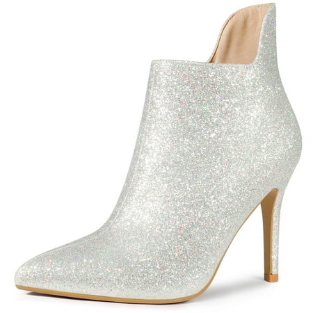 

Unique Bargains Women s Glitter Pointed Toe Stiletto Heel Cutout Ankle Boots